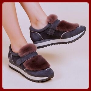 Ekonika Gray Suede Platform Sneakers Women's Size 6 36 Fur Trim Hook Loop Strap